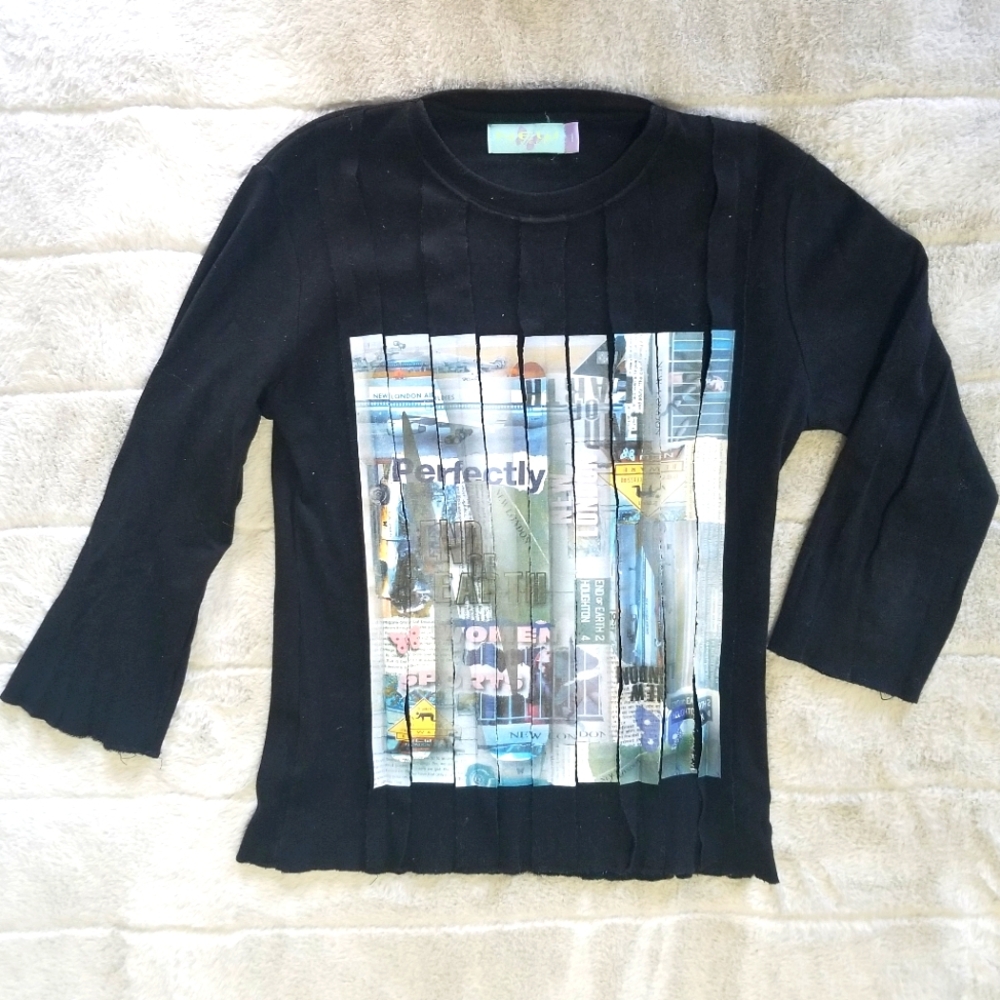 New London Size S Long 3/4 Sleeve Shirt Black Vintage